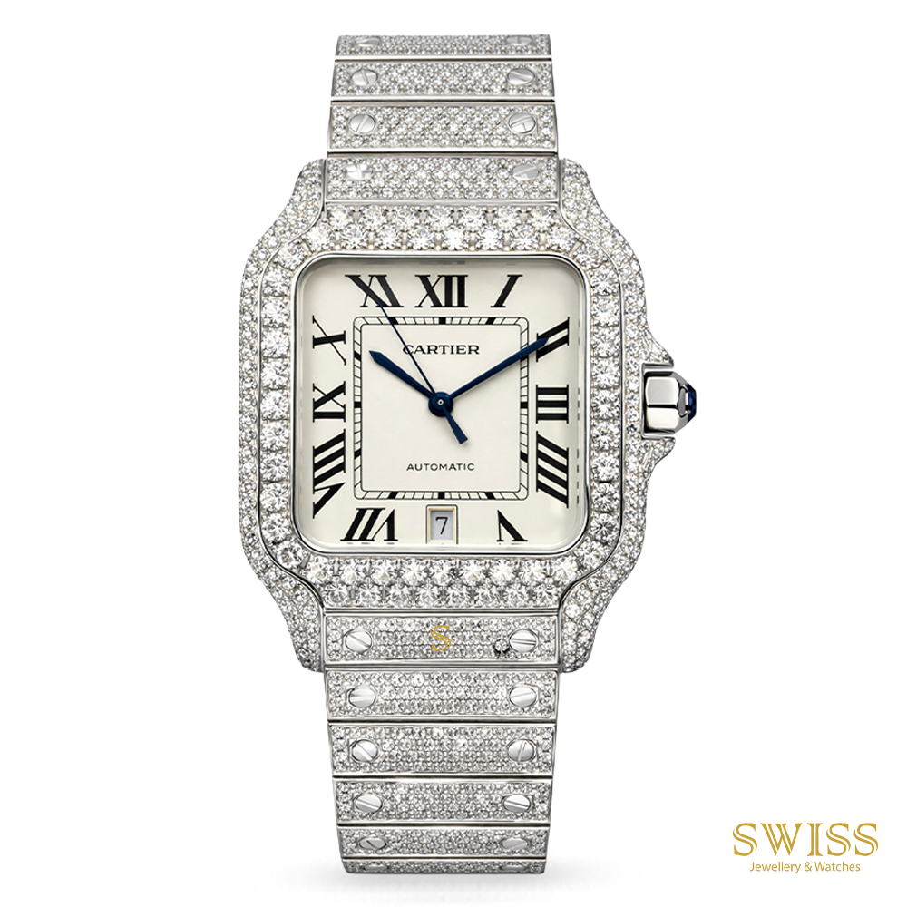 Cartier Santos Large Diamond Set Steel Automatic Watch