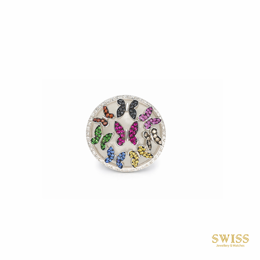 Multicolor Butterfly Diamond Dome Ring 18K White Gold