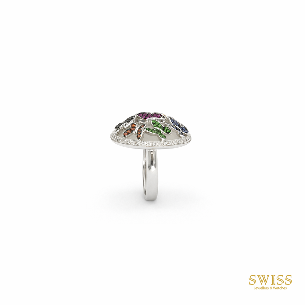 Multicolor Butterfly Diamond Dome Ring 18K White Gold