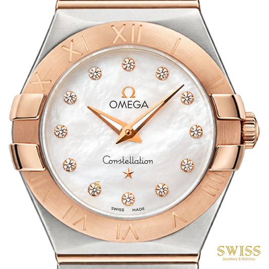 Omega Constellation 27mm MOP Diamond Dial Steel Gold