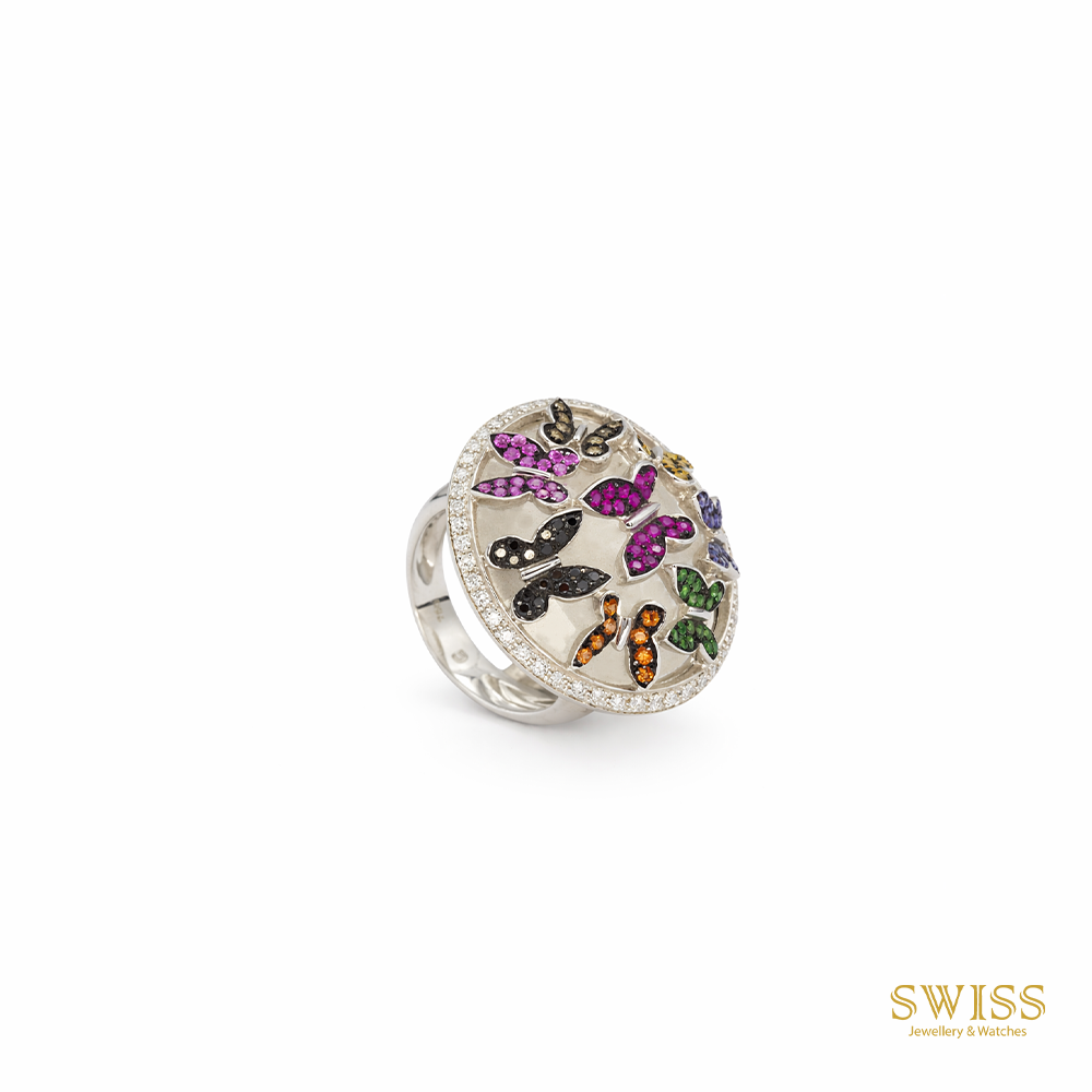 Multicolor Butterfly Diamond Dome Ring 18K White Gold