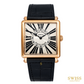 A luxury Swiss watch from Franck Muller with a rectangular rose gold case, black leather strap, and a cream-colored dial featuring black Roman numerals and a central black ring with 'MASTER SQUARED GENEVE' text.