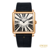 A luxury Swiss watch from Franck Muller with a rectangular rose gold case, black leather strap, and a cream-colored dial featuring black Roman numerals and a central black ring with 'MASTER SQUARED GENEVE' text.