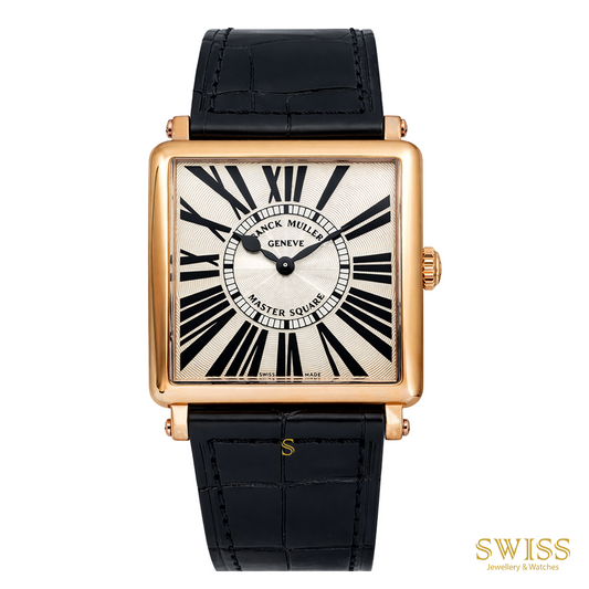 A luxury Swiss watch from Franck Muller with a rectangular rose gold case, black leather strap, and a cream-colored dial featuring black Roman numerals and a central black ring with 'MASTER SQUARED GENEVE' text.