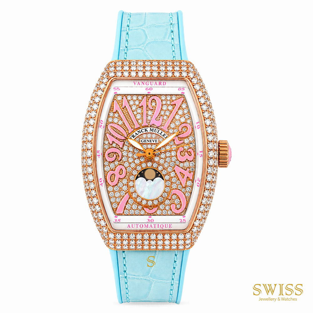 Franck Muller Vanguard Moonphase Diamond Rose Gold Watch (Pink & Turquoise Edition)
