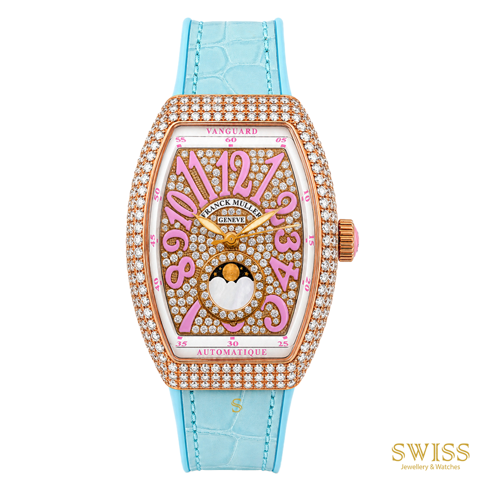 Franck Muller Vanguard Moonphase Diamond Rose Gold Watch (Pink & Turquoise Edition)