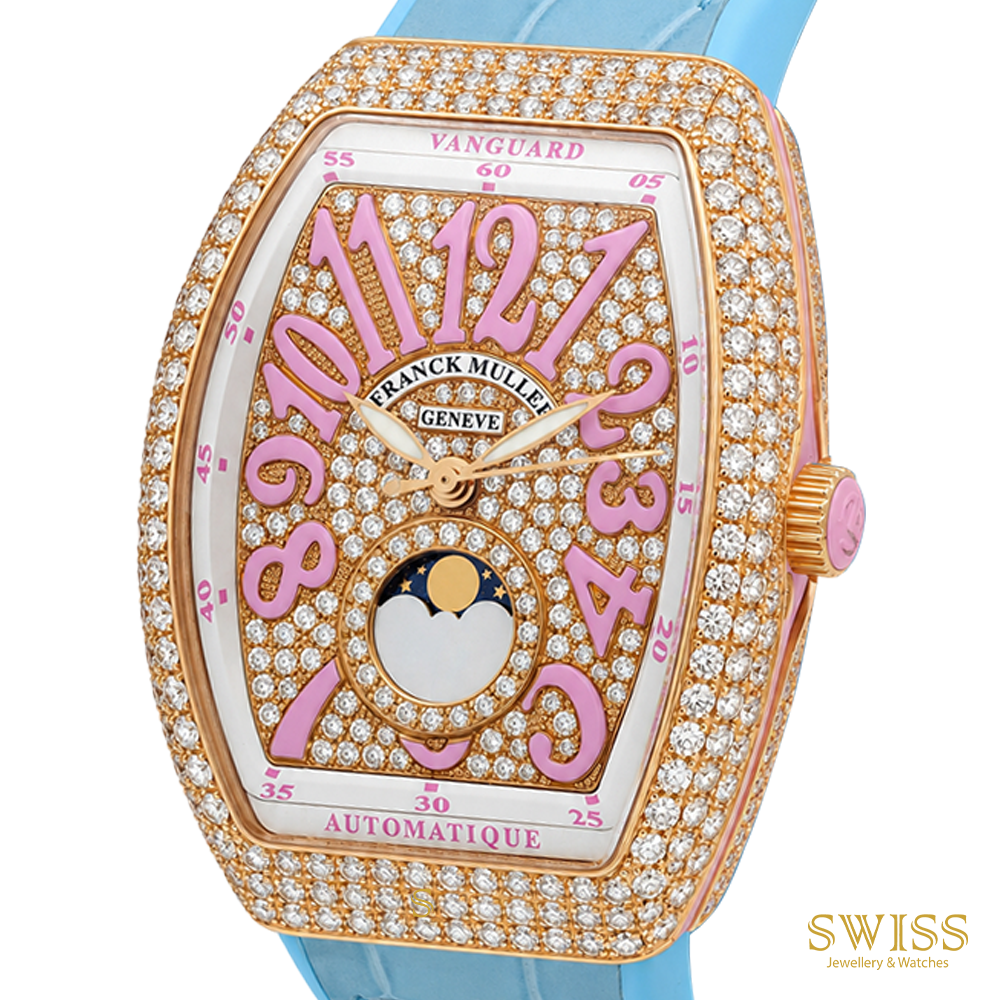 Franck Muller Vanguard Moonphase Diamond Rose Gold Watch (Pink & Turquoise Edition)