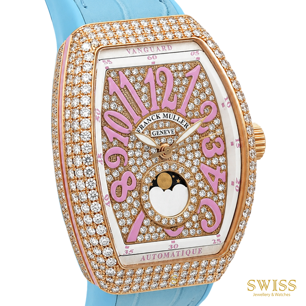 Franck Muller Vanguard Moonphase Diamond Rose Gold Watch (Pink & Turquoise Edition)