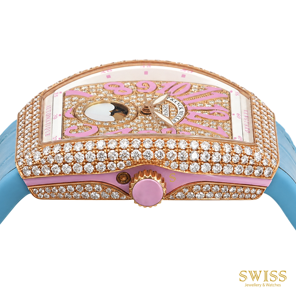 Franck Muller Vanguard Moonphase Diamond Rose Gold Watch (Pink & Turquoise Edition)