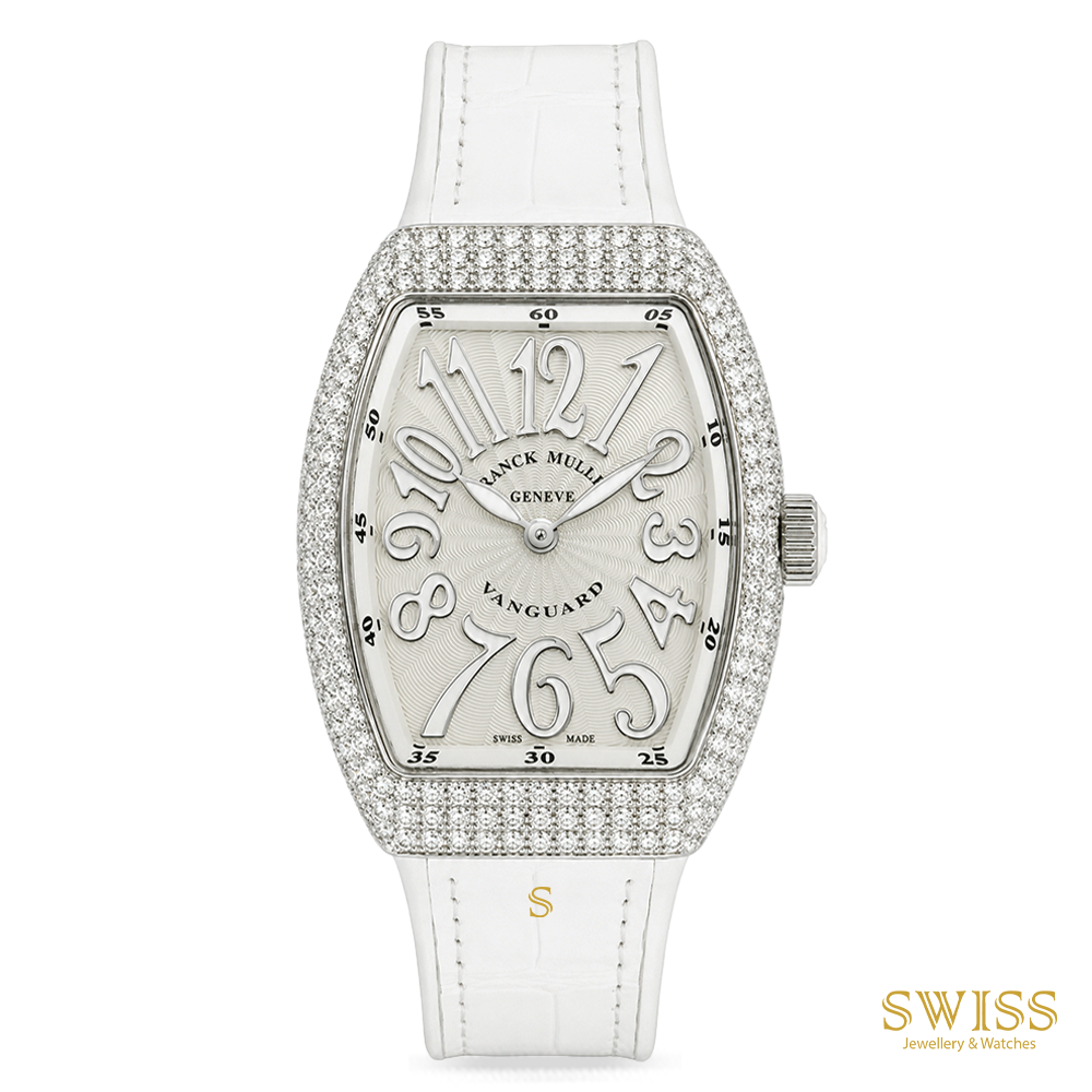 Franck Muller Vanguard Lady Diamond Quartz Stainless Steel White Leather Watch