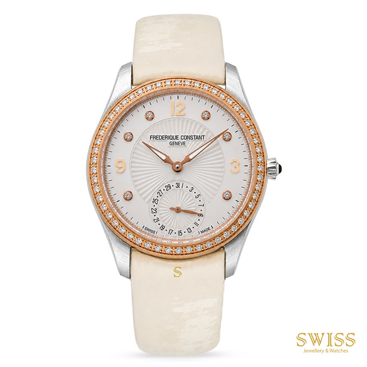Frederique Constant Ladies Delight Pointer Date Diamond Bezel Silver Dial