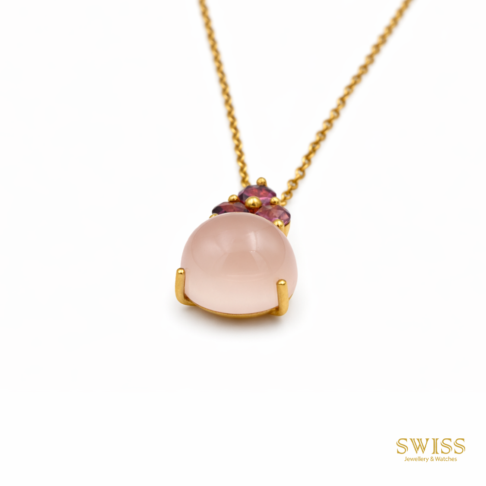 Rose Quartz Cabochon Pendant with Garnet Cluster