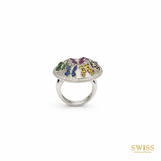 Multicolor Butterfly Diamond Dome Ring 18K White Gold
