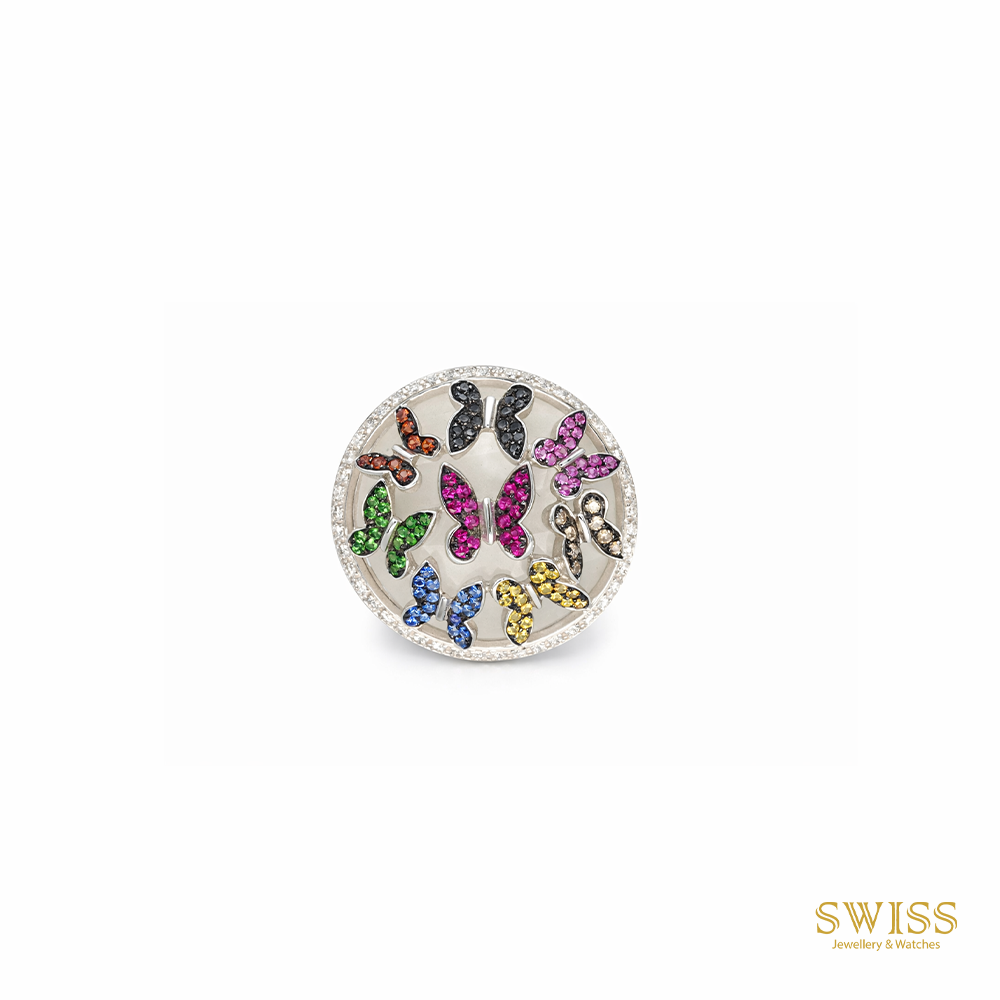 Multicolor Butterfly Diamond Dome Ring 18K White Gold